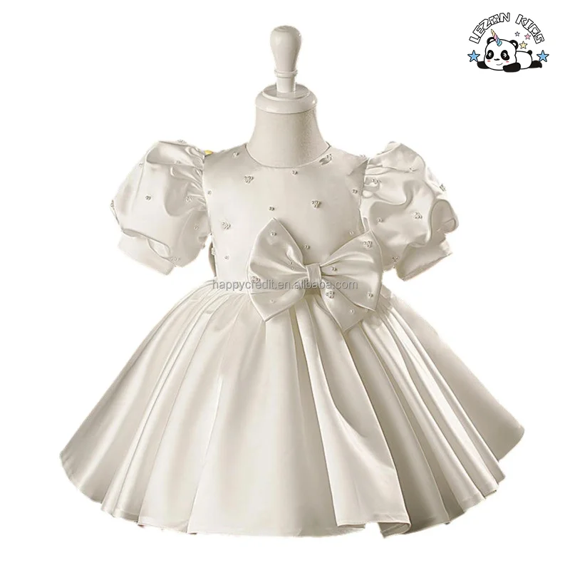 LEZONKIDS - Vestido de Seda Branco para Crianças com Mangas Folhadas e Enfeites de Cristal para Festas e Aniversários